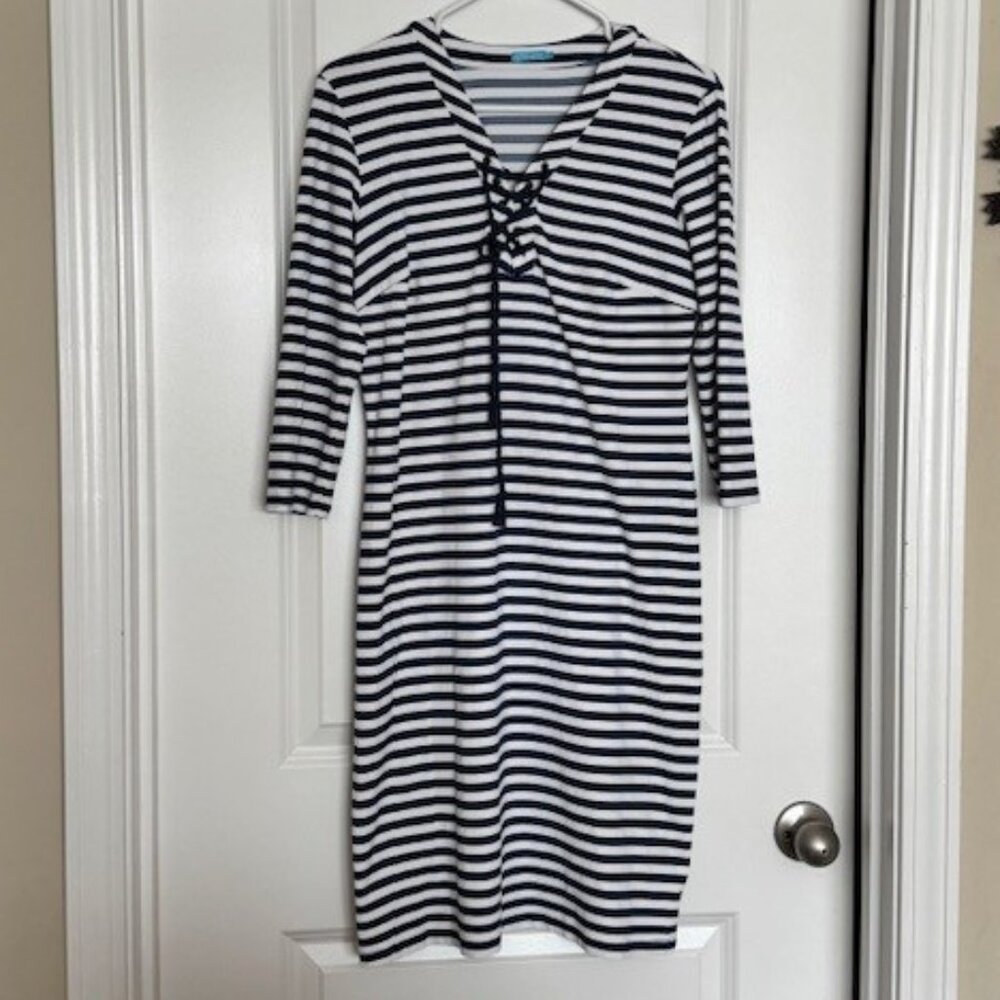 J. McLaughlin navy/white striped dress w/ nautical tie on the front, size small